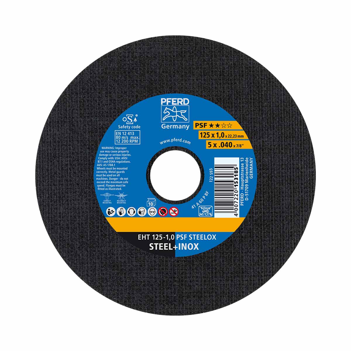 Pferd 61721110 Trennscheibe EHT 125x1,0x22,23 mm gerade Universallinie PSF STEELOX für Stahl/Edelstahl, 1 Stk.