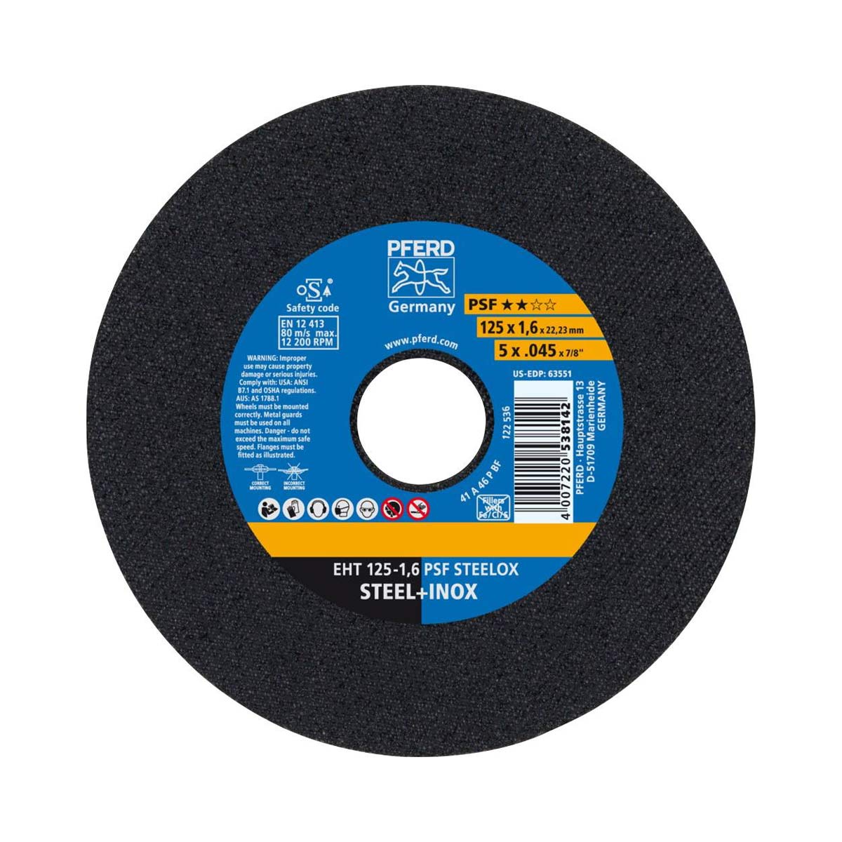 Pferd 61721121 Trennscheibe EHT 125x1,6x22,23 mm gerade Universallinie PSF STEELOX für Stahl/Edelstahl, 25 Stk.