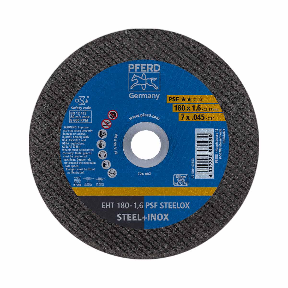 Pferd 61726121 Trennscheibe EHT 180x1,6x22,23 mm gerade Universallinie PSF STEELOX für Stahl/Edelstahl, 25 Stk.