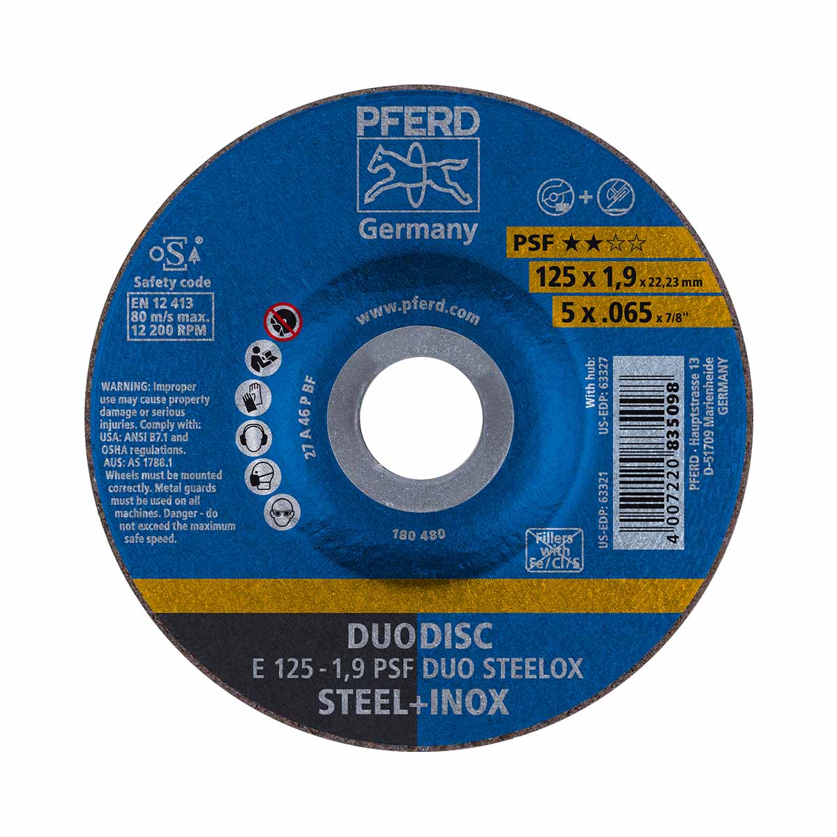 Pferd 62012630 DUODISC Trenn-/Schleif. E 125x1,9x22,23 mm gekr. Uni.-Linie PSF DUO STEELOX f. Stahl/VA, 10 Stk.