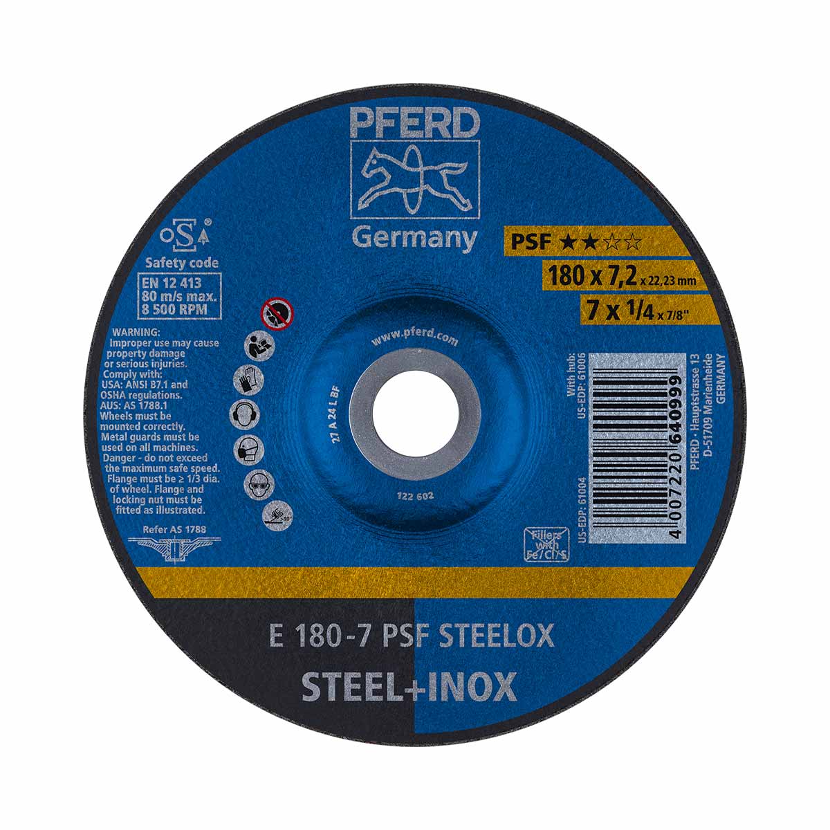 Pferd 62017640 Schruppscheibe E 180x7,2x22,23 mm Universallinie PSF STEELOX für Stahl/Edelstahl