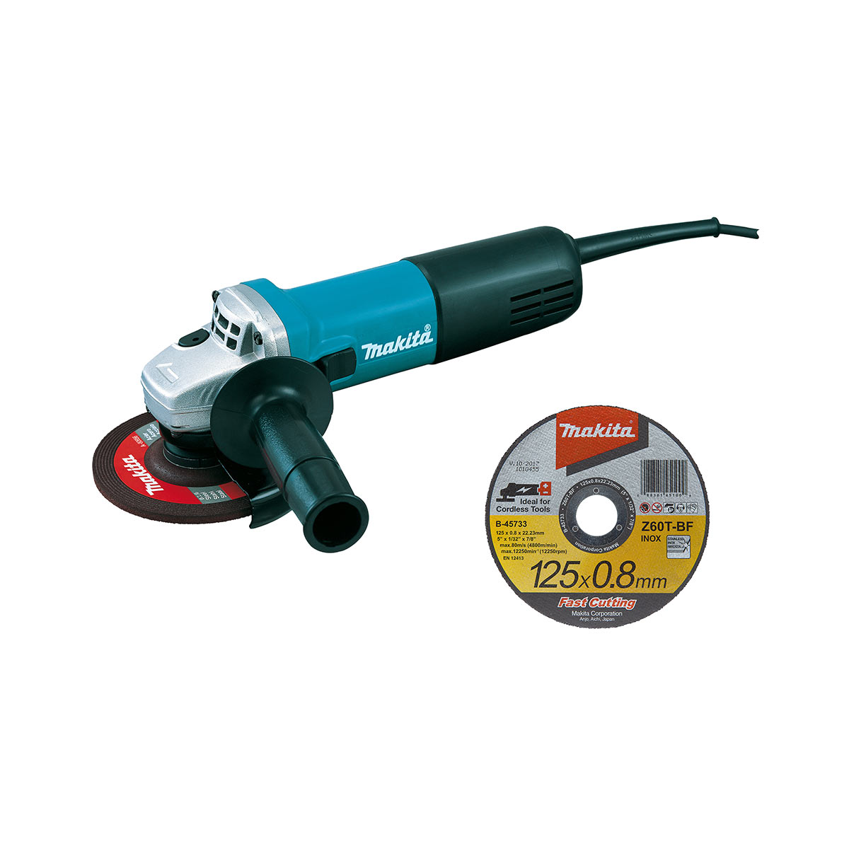 Makita 9558HNRX1 840 Winkelschleifer mit einer Schruppscheibe und fünf Trennscheiben.