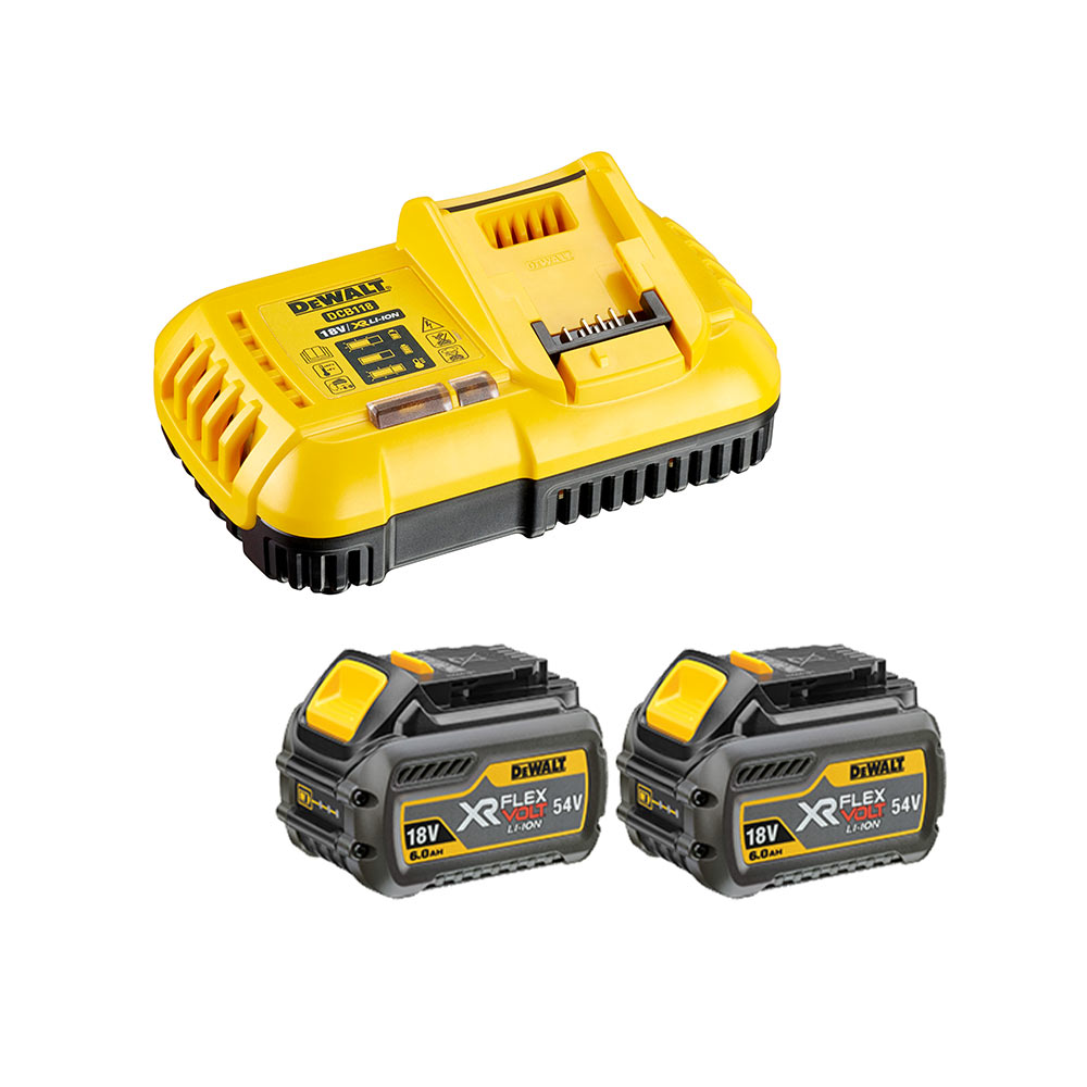 DeWalt DCB118T2-QW 18V/54V Lüftergekühltes Schnellladegerät und 2x 6,0 Ah Li-Ionen-FLEXVOLT-Akkus