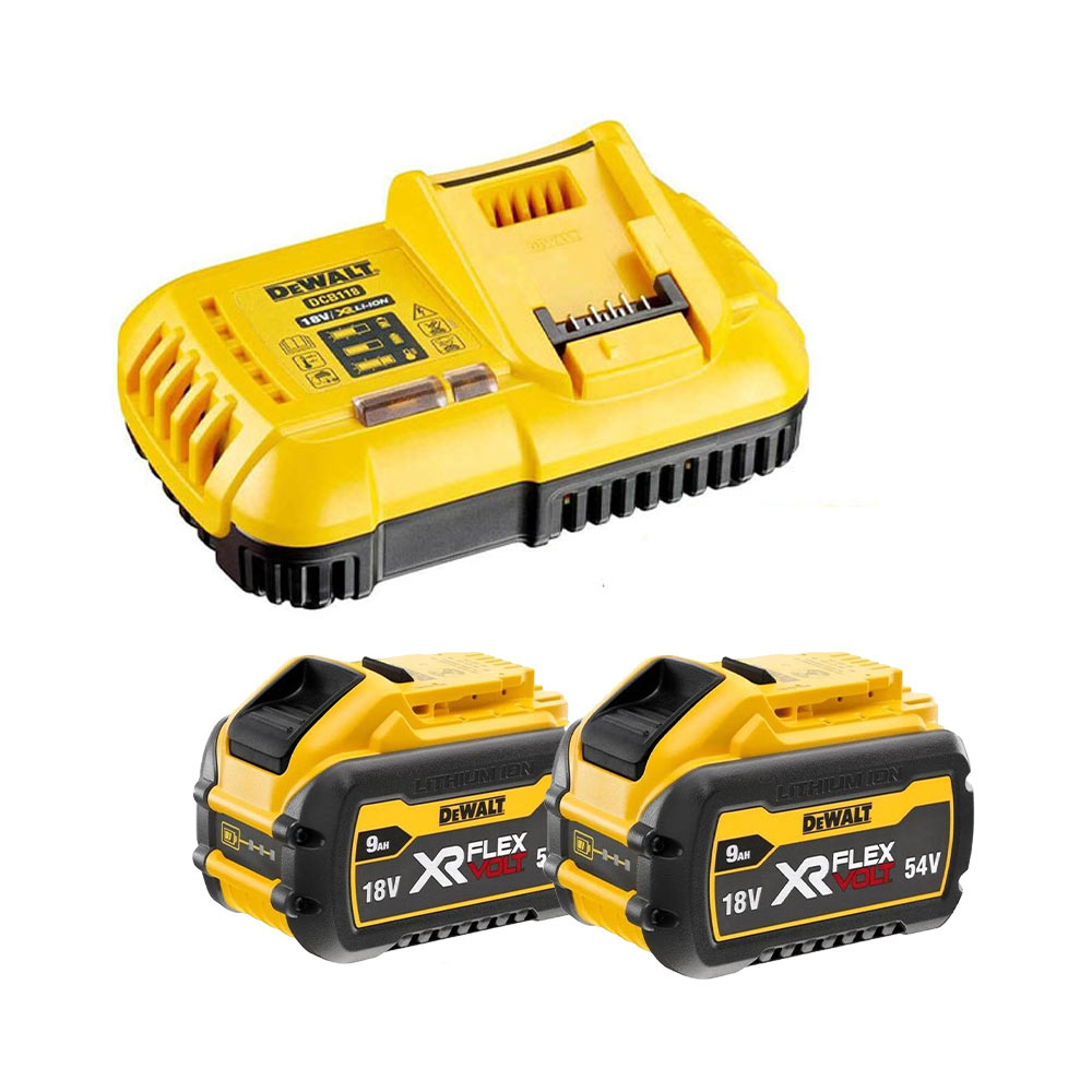 DeWalt DCB118X2-QW 18V / 54V DCB118 Lüftergekühltes Schnellladegerät und 2x 9,0 Ah FLEXVOLT Li-Ion-Batterien DCB547