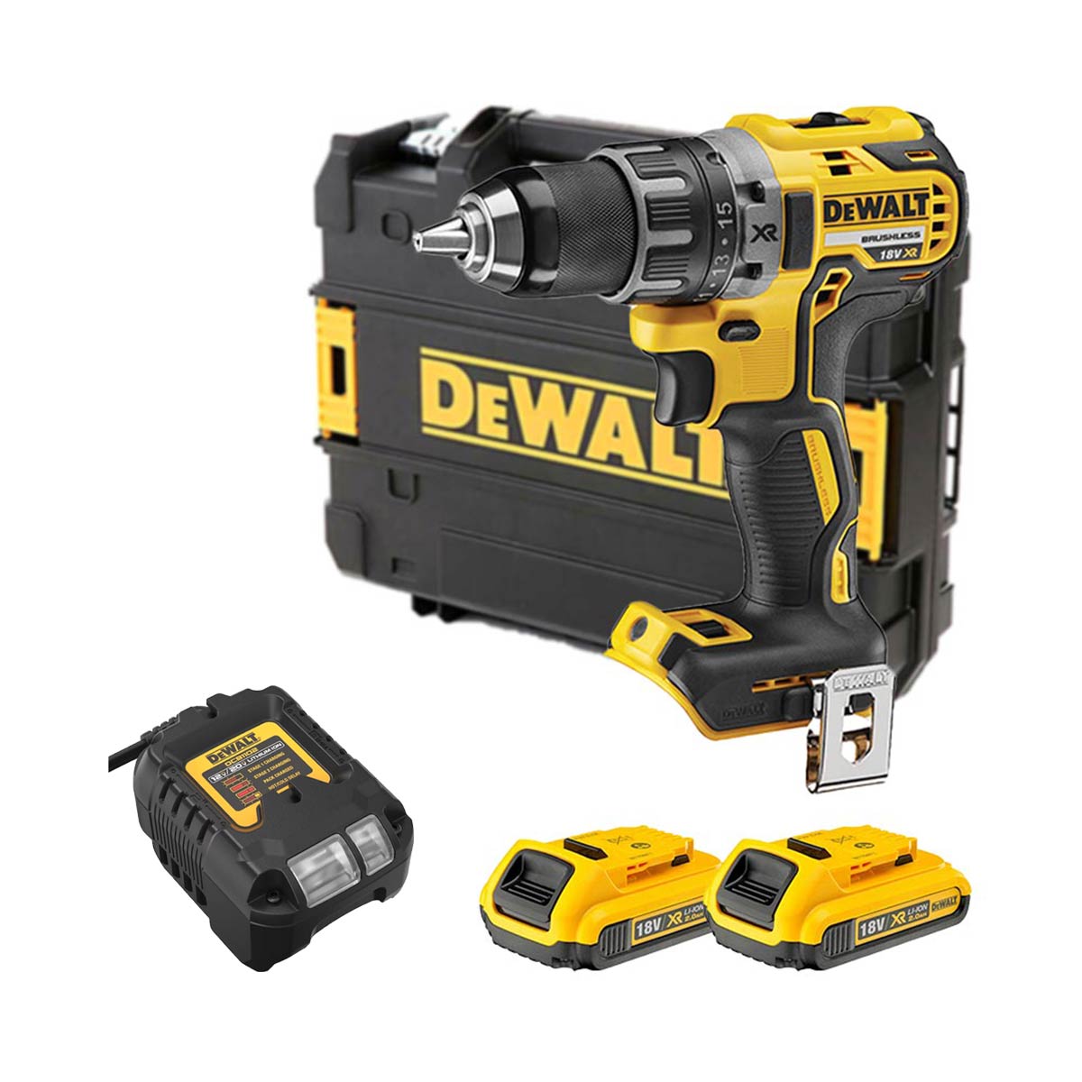 DeWalt DCD791D2-QW 18V bürstenloser Akku-Bohrschrauber mit 2x 2Ah Batterien, Ladegerät und Koffer