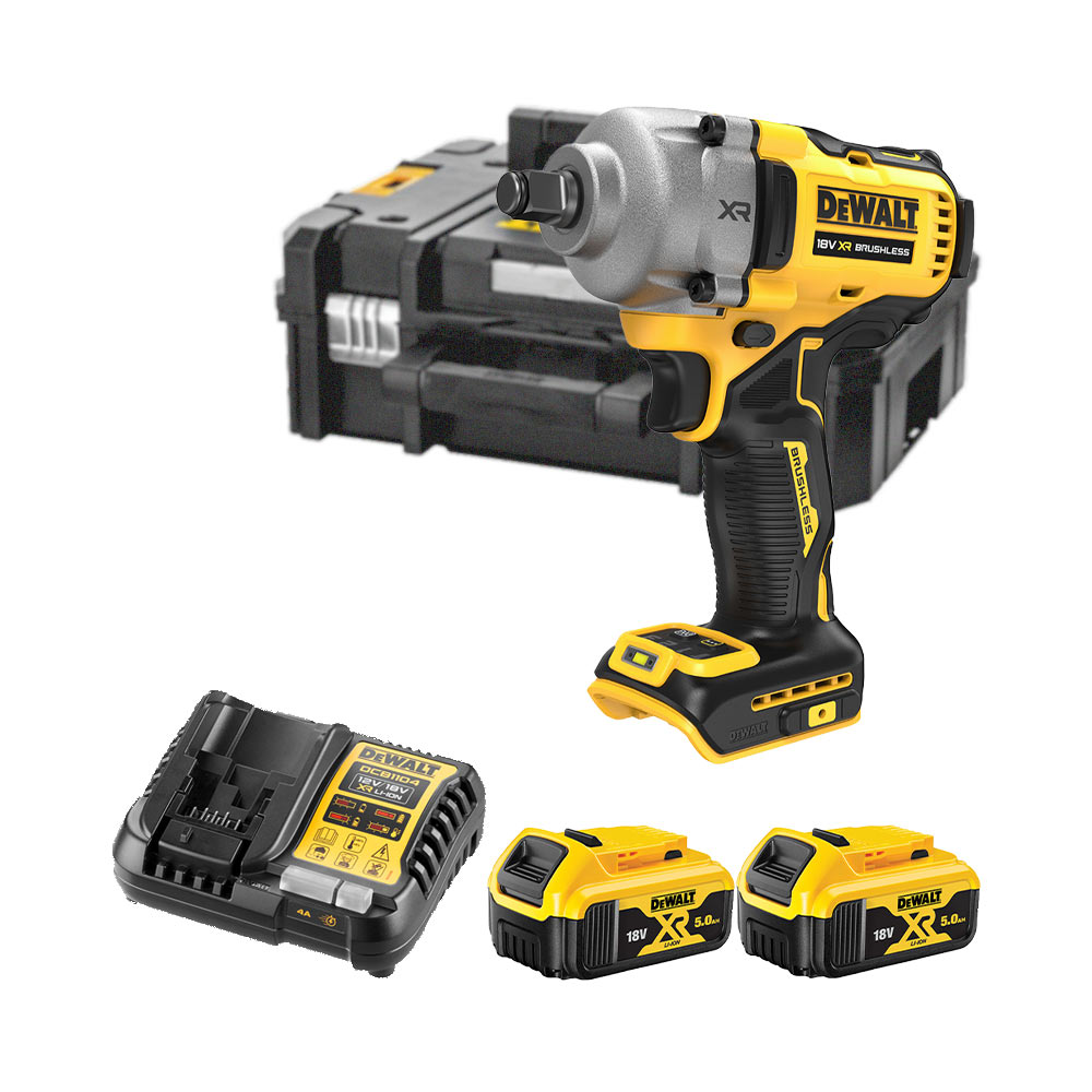 DeWalt DCF891P2T-QW 18V 1/2" Hogring Bürstenloser Akku-Drehschlagschrauber mit 2x 5Ah Akkus, Ladegerät und Koffer