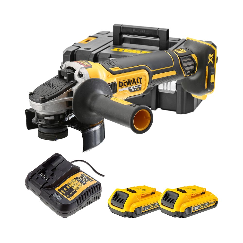 DeWalt DCG405D2-QW 18V Bürstenlos Akku Winkelschleifer 125mm mit 2 x 2Ah Akkus, Ladegerät und TSTAK Werkzeugkoffer mit Einlage