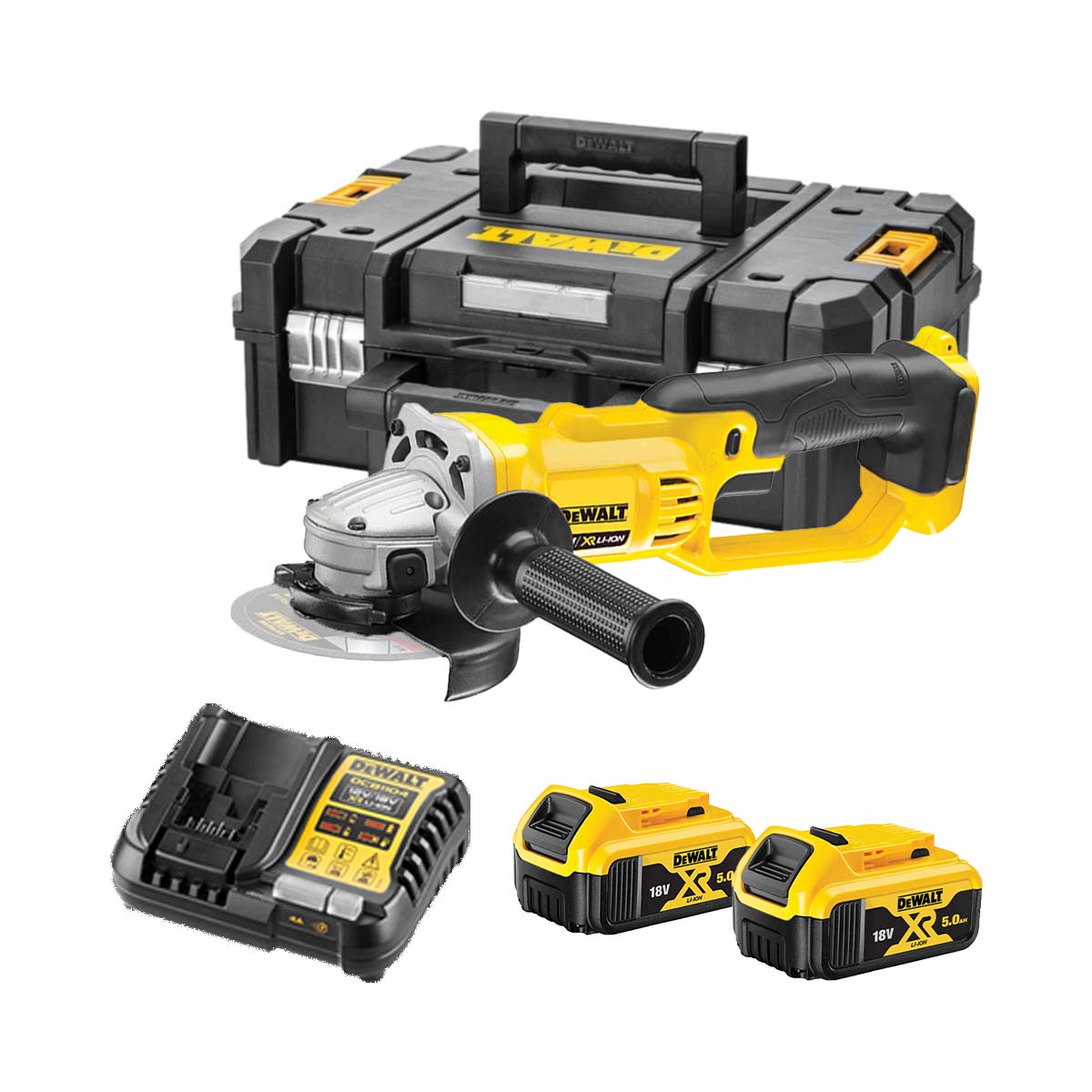 DeWalt DCG412P2-QW 18V XR Akku-Winkelschleifer mit 2x 5Ah Batterien, Ladegerät und Koffer