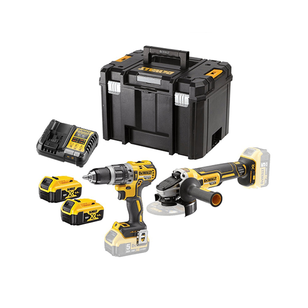DeWalt DCK2080P2T-QW 18V XR DCD796 Bürstenloser Akku-Schlagbohrschrauber & DCG405 Akku-Winkelschleifer Doppeltpackung, 2x 5Ah Akkus, Ladegerät und Koffer