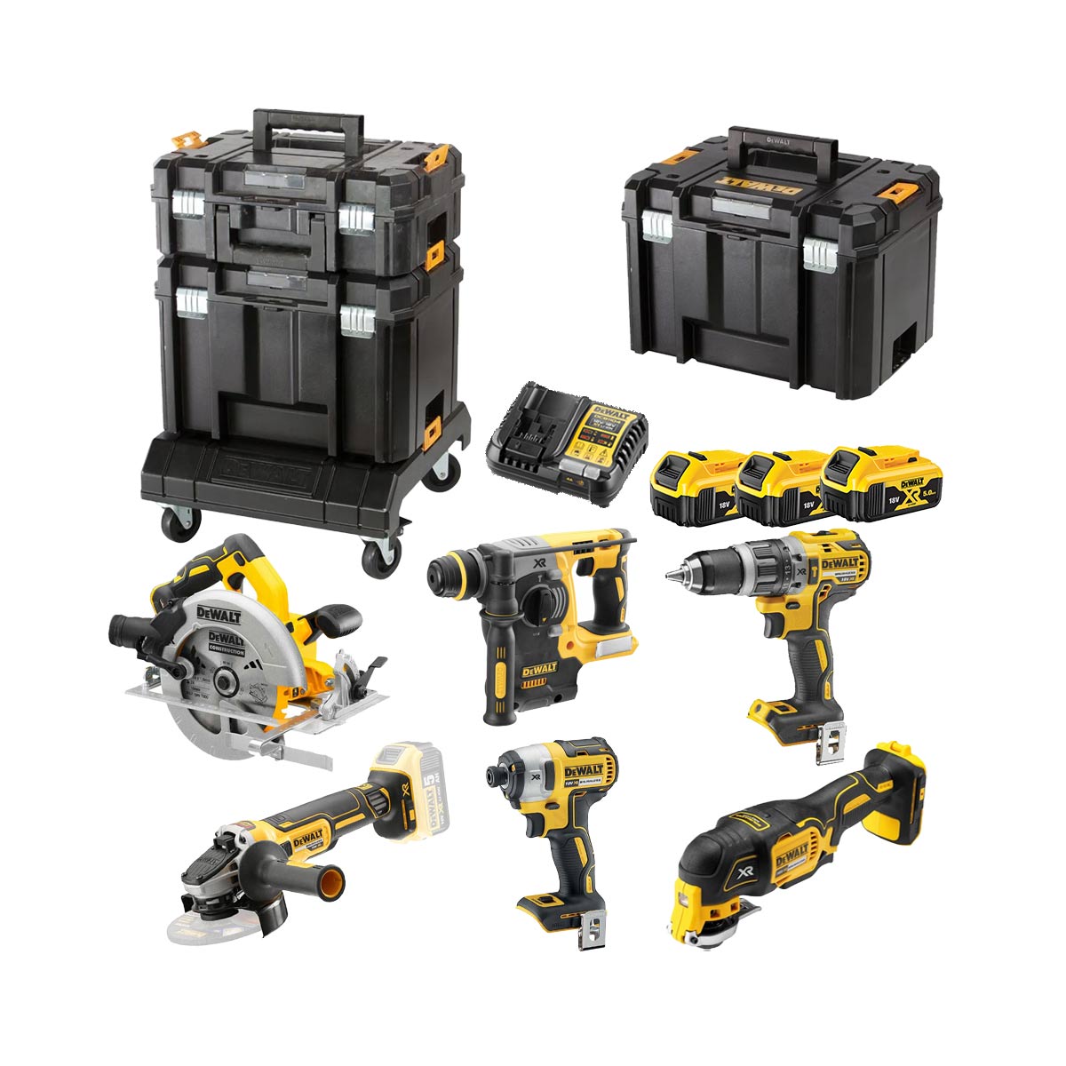 DeWalt DCK685P3T-QW 18V 6-Maschinen Kombiset mit 3x 5 Ah Akkus, Ladegerät, 3 Koffer und Cart