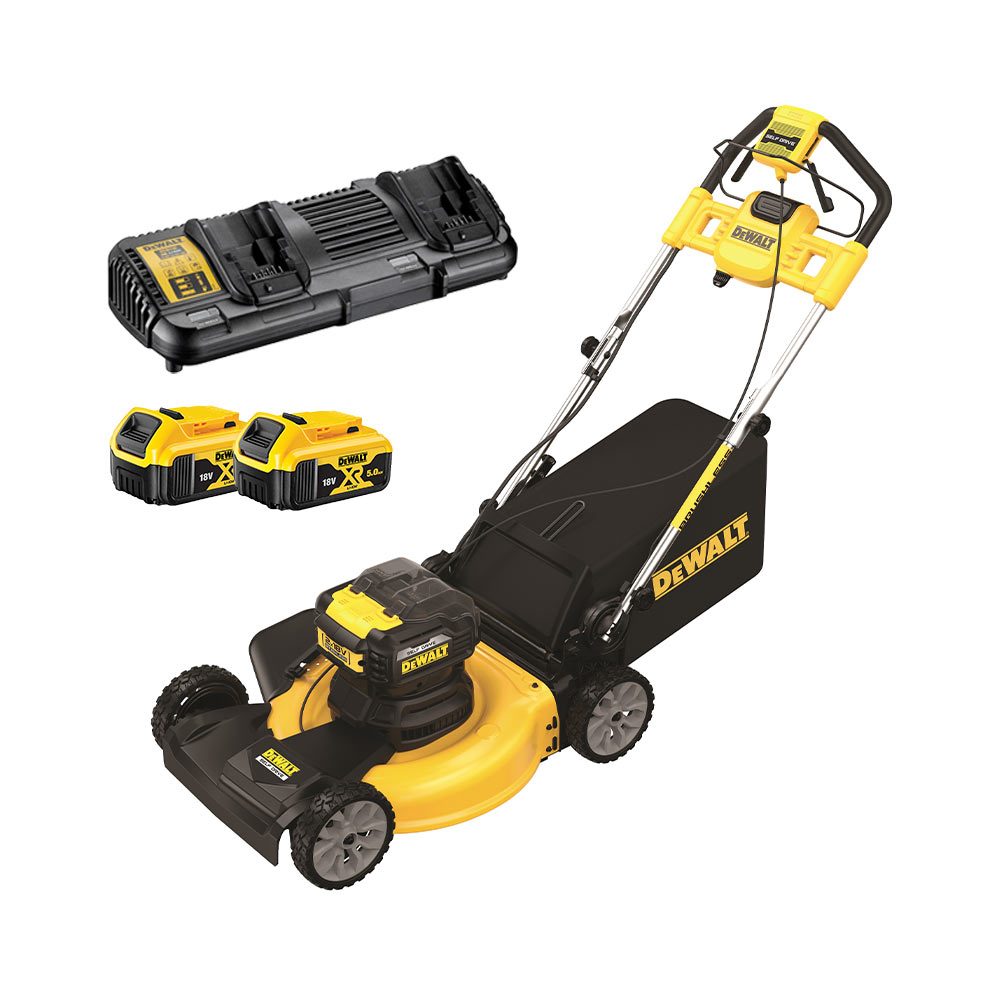 DeWalt DCMWSP564P2-QW 2x18V Akku-Rasenmaeher, 53cm, mit 2x5Ah Akkus und Ladegerät
