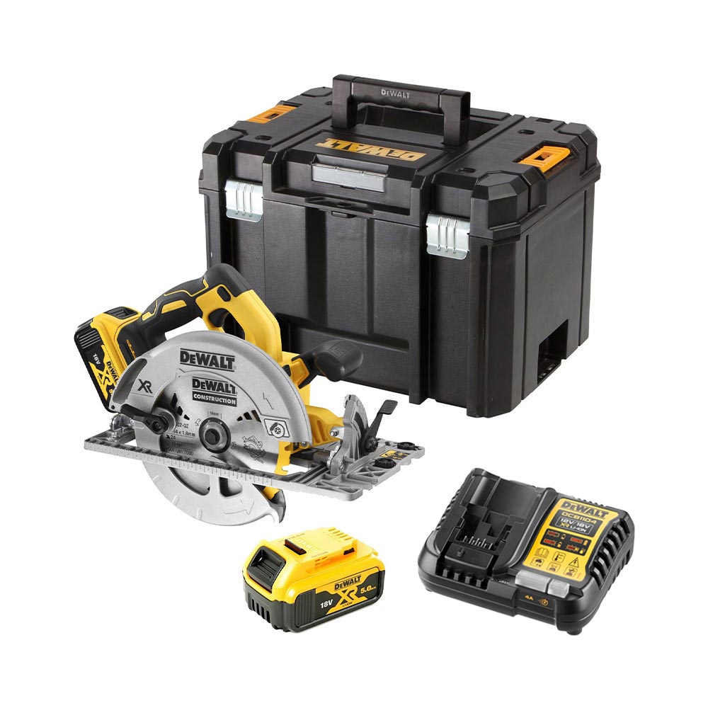 DeWalt DCS572P2-QW 18V XR 184 mm bürstenlos Kreissäge mit 2x 5Ah Akkus, Ladegerät und Koffer