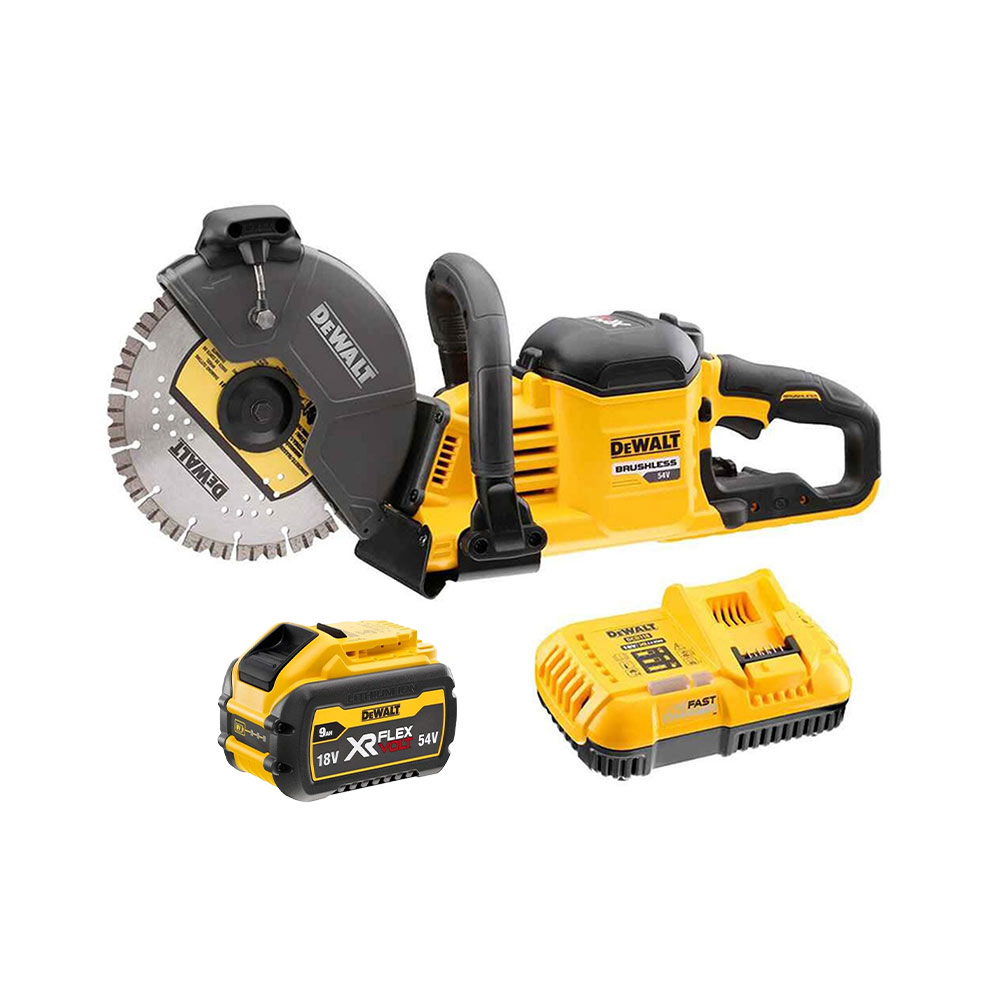 DeWalt DCS690N-XJ 54V Bürstenloser Akku-Trennschleifer mit 1x DCB547 9.0 Ah Akku und DCB118 Ladegerät