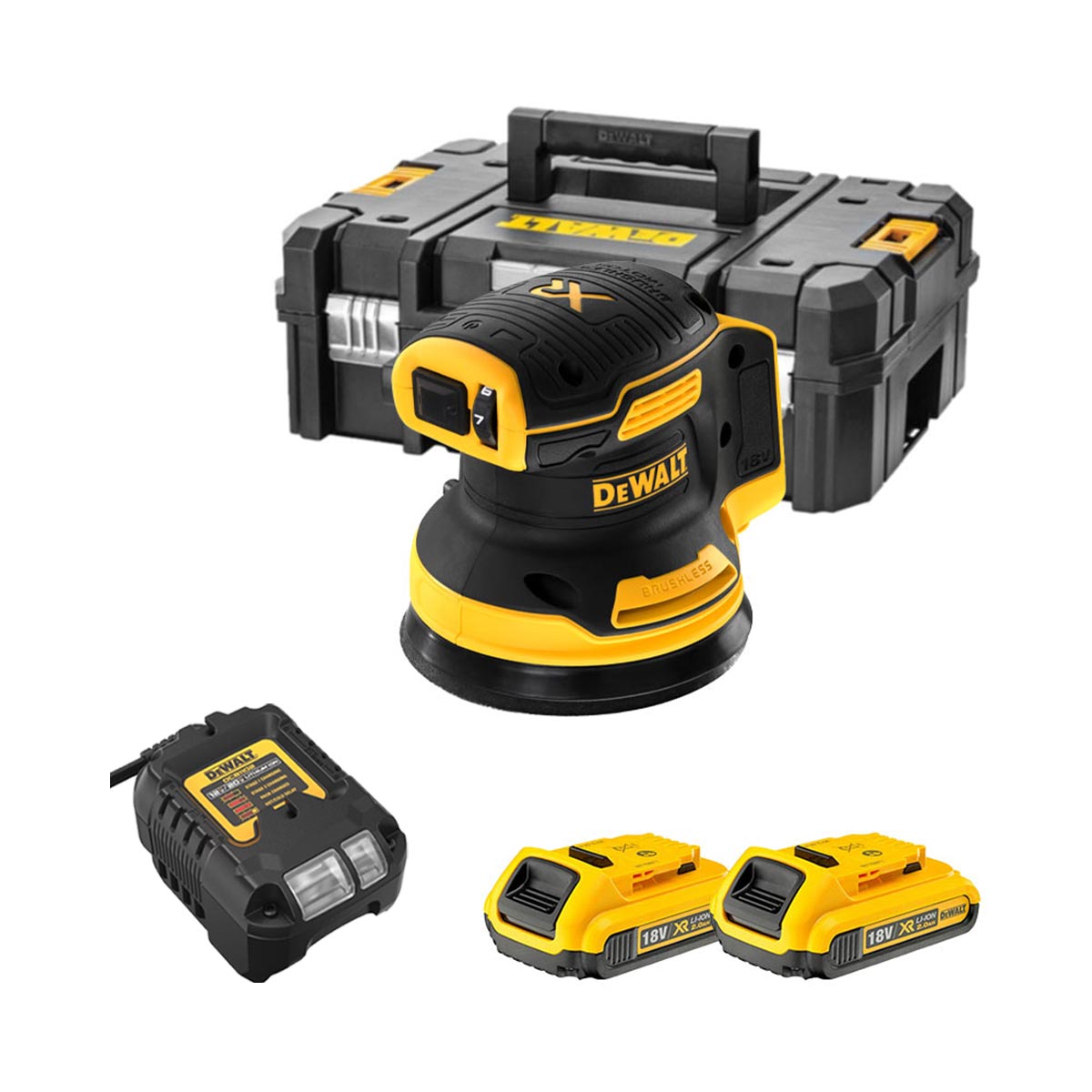 DeWalt DCW210D2-QW 125 mm 18V Li-ion XR Bürstenloser Orbital Akku-Exzenterschleifer mit 2x 2 Ah Akkus, Ladegerät und Koffer