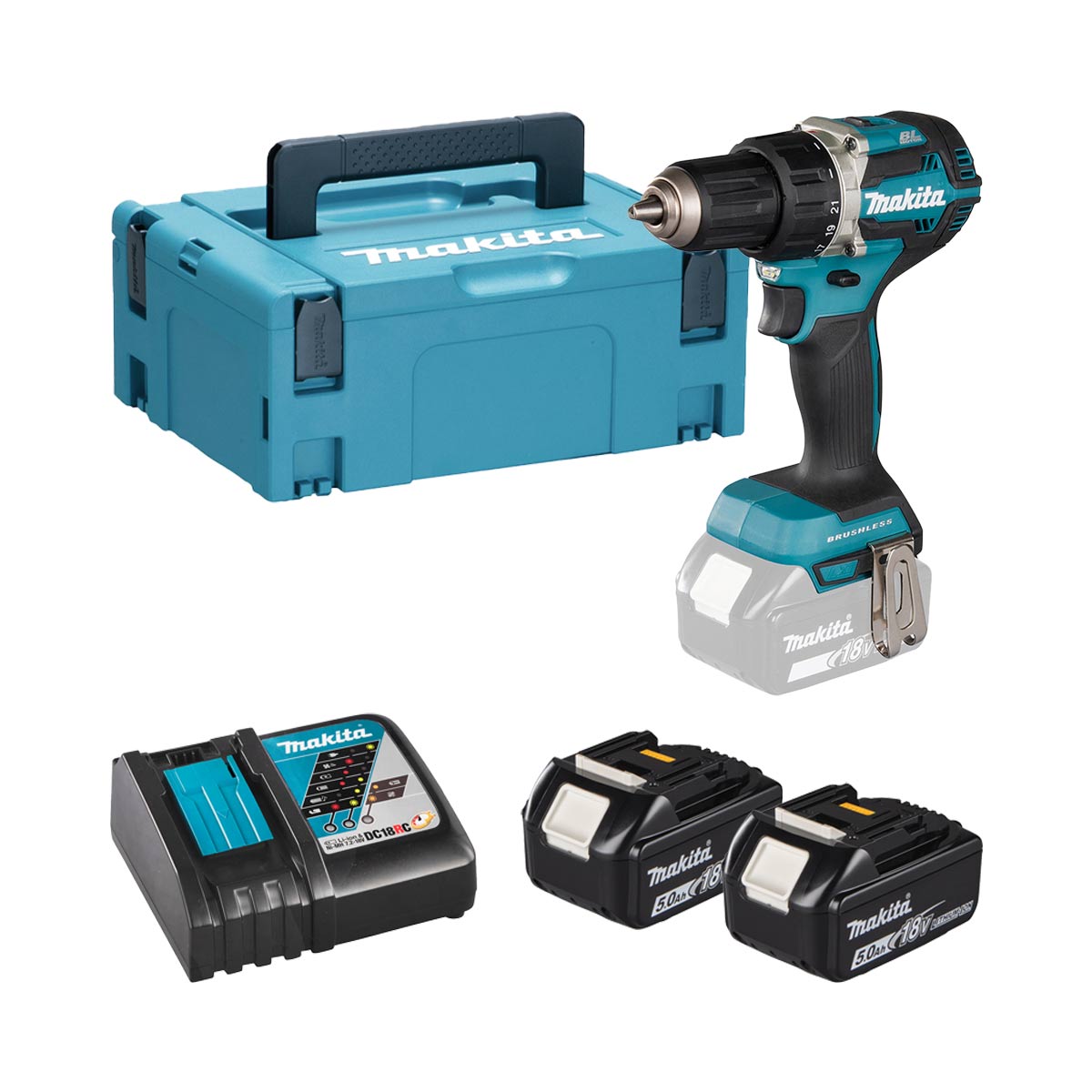 Makita DDF484RTJ 18V Akku-Bohrschrauber LXT mit 2x 5 Ah Akkus, Ladegerät und Koffer