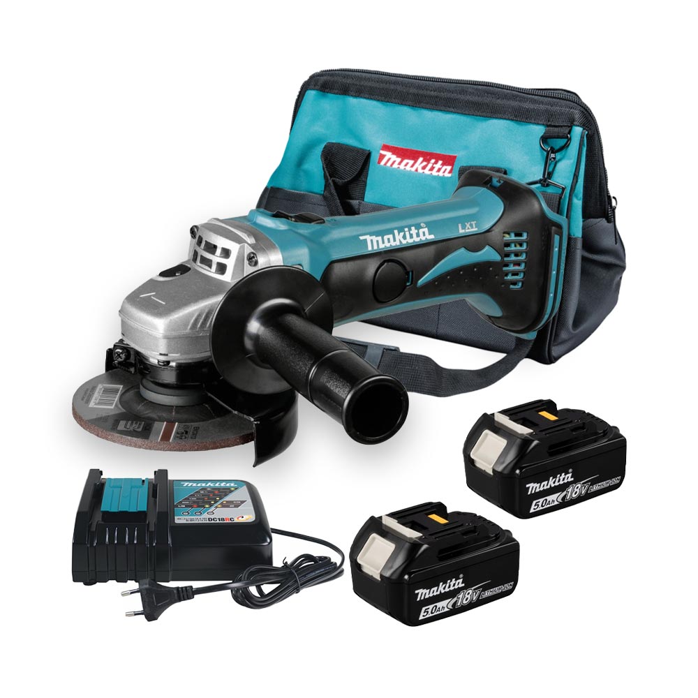Makita DGA452RTJ 18V Akku-Winkelschleifer LXT 115 mm mit 2x 5Ah Akkus, Ladegerät und Makita Bag