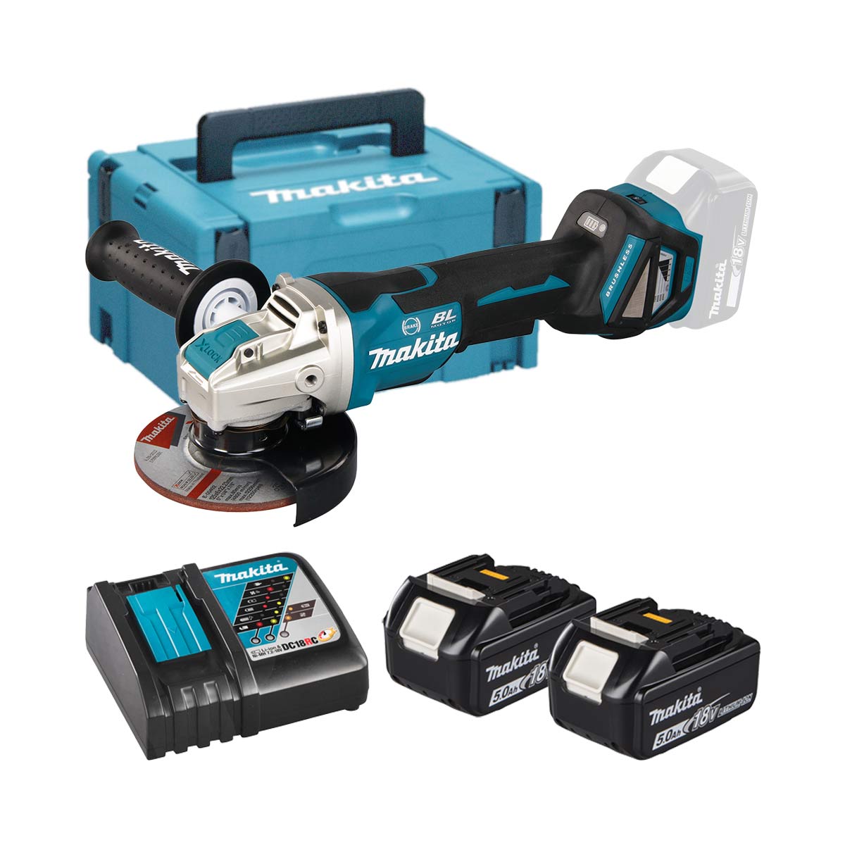 Makita DGA519RTJ 18V 125mm Akku-Winkelschleifer LXT mit 2x 5 Ah Akkus, Ladegerät und Koffer