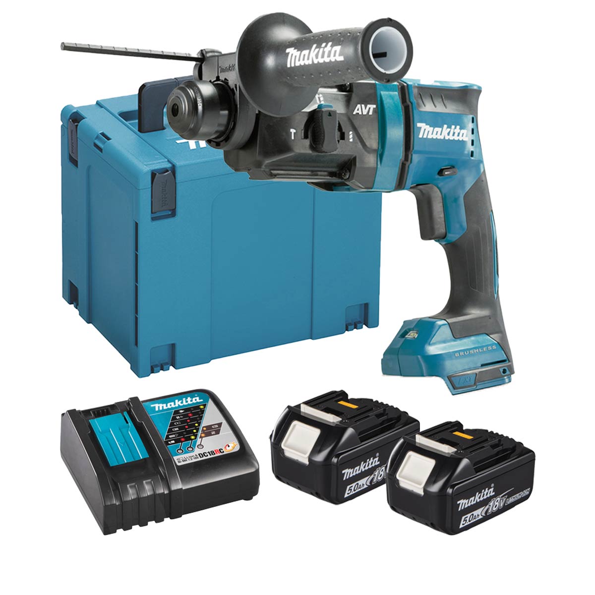 Makita DHR182RTJ 18V Li-ion Bürstenloser Akku-Bohrhammer LXT mit 2x 5 Ah Akkus, Ladegerät und Koffer