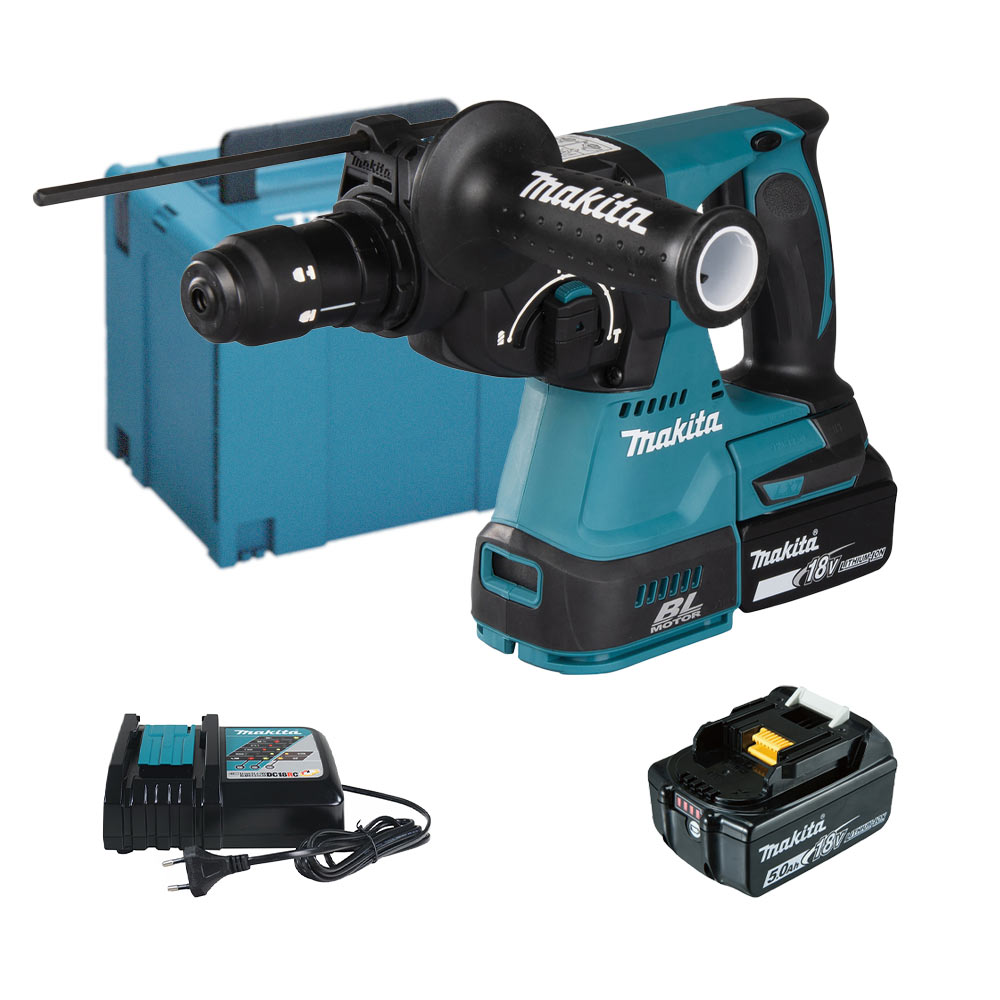 Makita DHR243RTJW 18V Akku-Bohrhammer LXT im MAKPAC, 2x 5,0 Ah Akkus, Schnellladegerät und Absaugadapter DX07