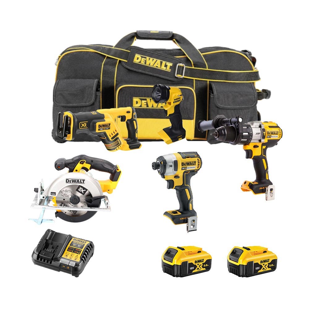 DeWalt DSET6 DCS391N + DCS367N + DCD996N + DCF887N + DCL040 18V 5 Maschinen Elektrowerkzeug Set mit 2x 5Ah Akkus, Ladegerät und Tasche
